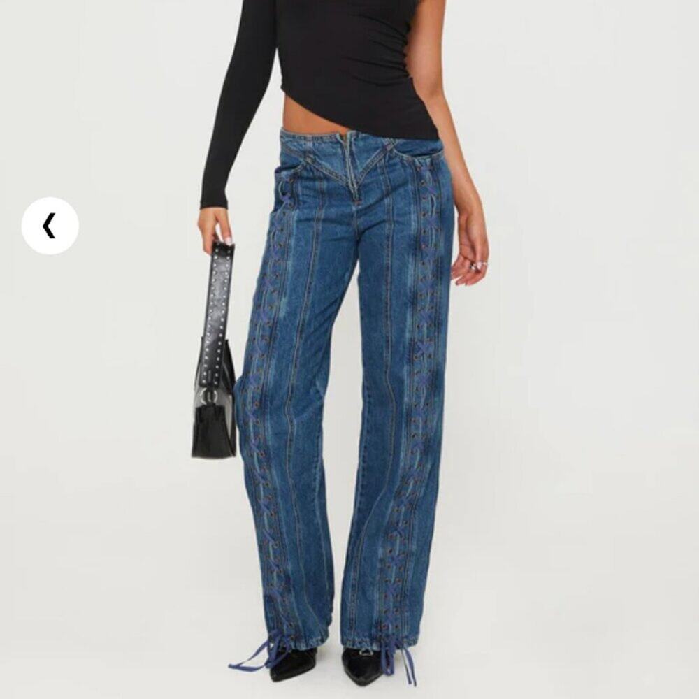 Lioness Blue Straight Leg Jeans with Subtle Embroidery